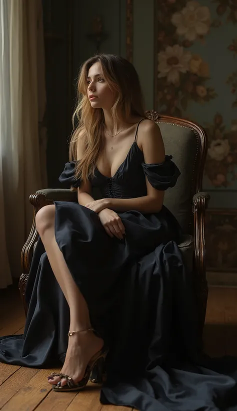 Low angle shot of woman sitting on chair, beautiful and detailed dress, happiness, fulfillment, love, stunning photo, award winning photography, perfect detail, resting, dark airbrushed dress, melancholy, high heels, silk, beautiful deep eye with great det...