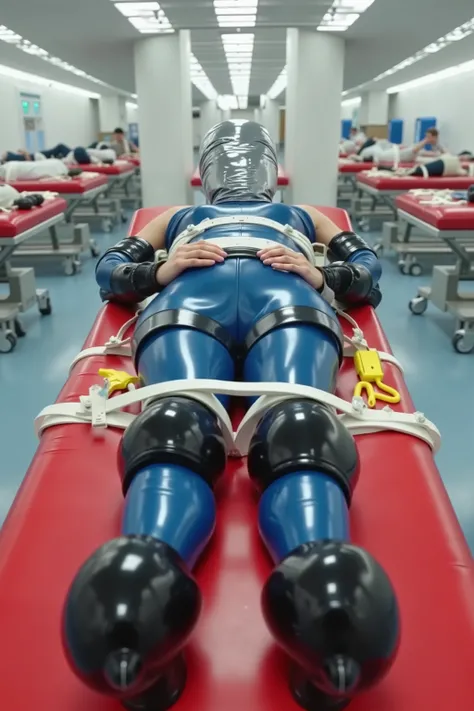 in a futuristic hospital ward with rows of high end tables that have red pads, a woman lays on the table, thick shiny black rubber cuffs are around her wrists with yellow locks, she has black rubber cuffs on her knees and ankles, she has a shiny silver hea...