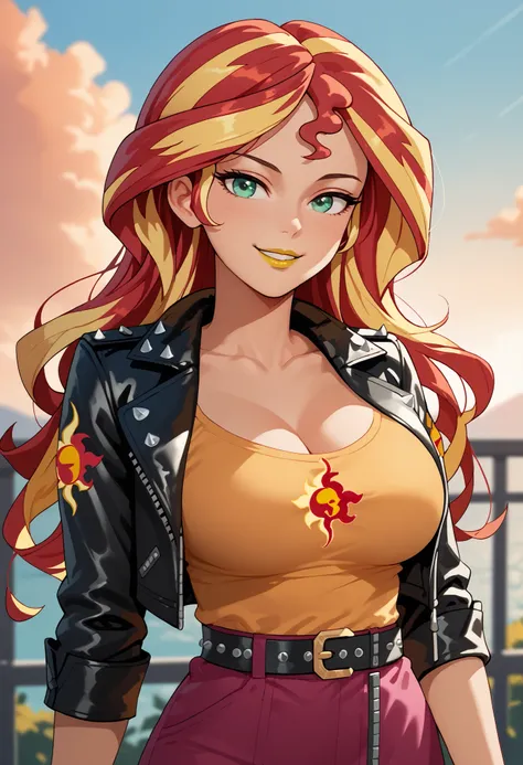 woman, orange skin, red hair, yellow hair, multicolored hair, long hair, large breasts, anime style, yellow lipstick, green eyes, Sunset Shimmer, leather jacket, sensual smile, sexy