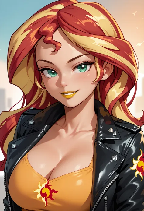 woman, orange skin, red hair, yellow hair, multicolored hair, long hair, large breasts, anime style, yellow lipstick, green eyes, Sunset Shimmer, leather jacket, sensual smile, sexy