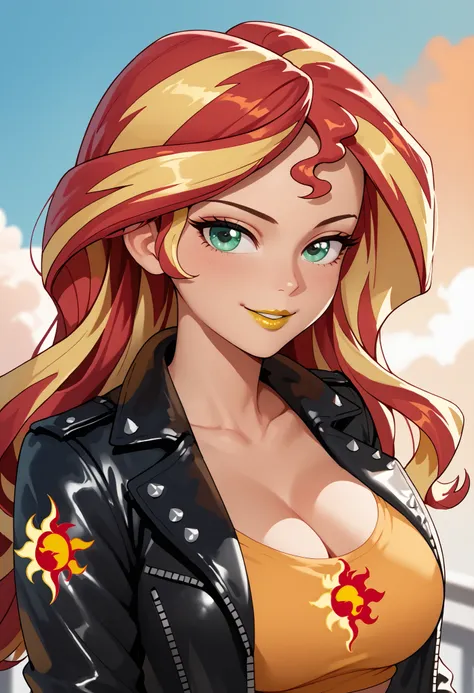 woman, orange skin, red hair, yellow hair, multicolored hair, long hair, large breasts, anime style, yellow lipstick, green eyes, Sunset Shimmer, leather jacket, sensual smile, sexy