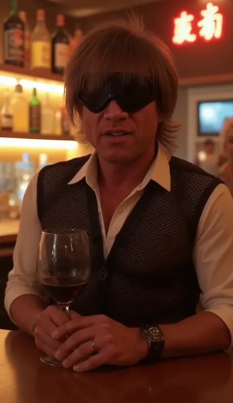 BAR,bar counter,(takuya),sunglasses,Wine Glasses, red wine,Smile Yan, male,1man,close-up,dynamic,beautiful,beautiful,colorful,live-action,realistic,safe content (masterpiece, 最High Quality, High Quality, detailed background, complicated details,complicated...
