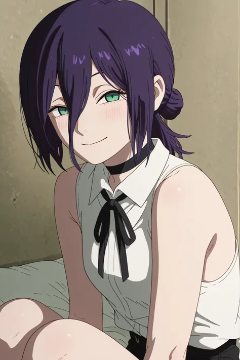 (masterpiece, detailed:1.2),reze, black choker, purple hair, choker, eyebrows hidden by hair, green eyes, hair between eyes, long bangs, medium hair, reze from chainsaw man,,bare shoulders, black ribbon, collar, collared shirt, neck ribbon, ribbon, shirt, ...