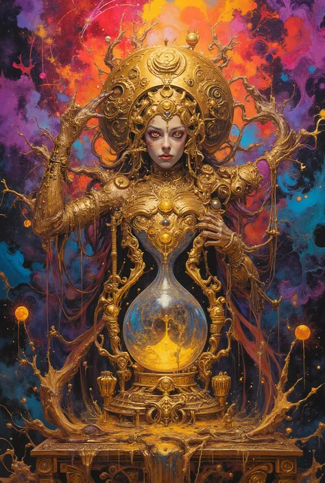 splashart, majestic portrayal of Pandora opening a gold chest letting all the evils of the world in swirling colors, Well detailed hourglass figure((abstract background)), piercingeyes, epic instagram, art  stations, Color paint splash style+, contour line...