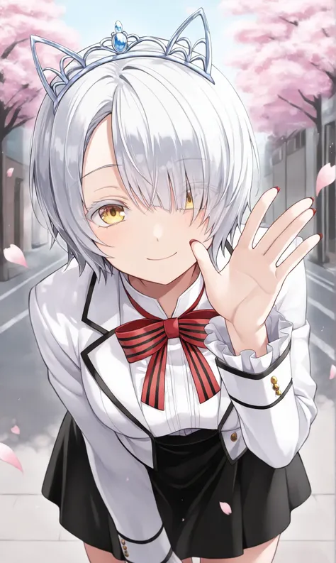 <lora:chartreux_westia_illust_scarxzys:1>, chartreux westia, striped bowtie, red bowtie, dahlia academy boarding school uniform, frilled sleeves, frills, hair over one eye, jacket, school uniform, black skirt, short hair, tiara, white hair, white jacket, w...