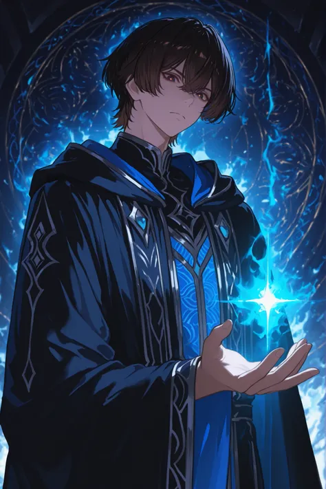 Male illusion wizard, age 24, anime fantasy style. Dark black tousled hair, dark brown sharp eyes, serious and distant expression. Theme color blue. Wearing elegant academy mage robes in deep blue with dark silver trim, layered cloth, glowing blue arcane p...