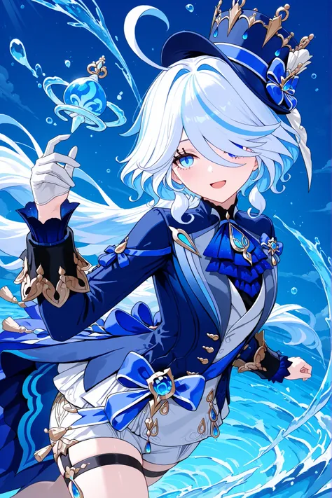genshin impact,furina,blue hair,blue eye,ahoge,hair over one eye,womanhood,1girl,hat,,dynamic,anime,masterpiece,Highest Quality,Great Quality,Extremely Beautiful,Newest,