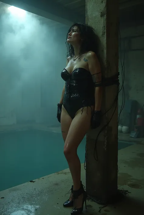 A 58 year old is tied to a concrete pillar, with her arms behind her backs, thin waist, thick and defined legs, legs tied very tightly by ropes, ankles tied with ropes. gagged, she is all wet, wearing very revealing latex, garter belt, corset, pantyhose, u...