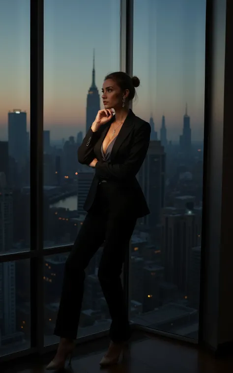 bustysigrid,gorgeous corporate leader in stylish business ensemble, leaning thoughtfully against floor-to-ceiling windows, New York skyline stretching to horizon, dusk lighting creating dramatic atmosphere, perfect professional styling, elegant accessories...