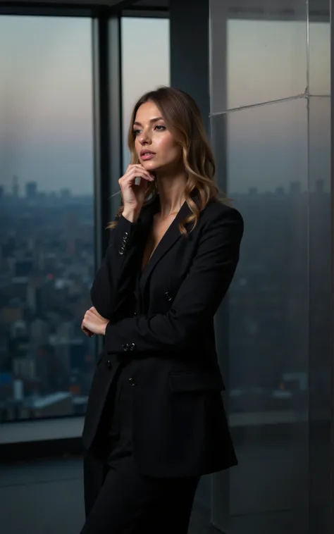 bustysigrid,gorgeous corporate leader in stylish business ensemble, leaning thoughtfully against floor-to-ceiling windows, New York skyline stretching to horizon, dusk lighting creating dramatic atmosphere, perfect professional styling, elegant accessories...