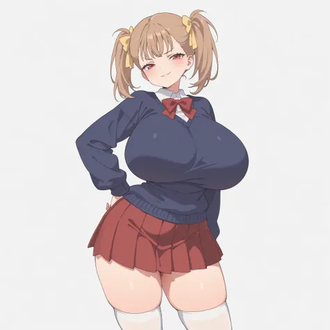 masterpiece, ultra-HD, impressionism, high detail, best quality, very aesthetic, 8K, best quality, beautiful, ultra-high resolution, 32K UHD, 1girl, solo, Rumi, light brown hair, twin pigtails, middle bangs, hair ribbons, yellow ribbons, red eyes, eyelashe...