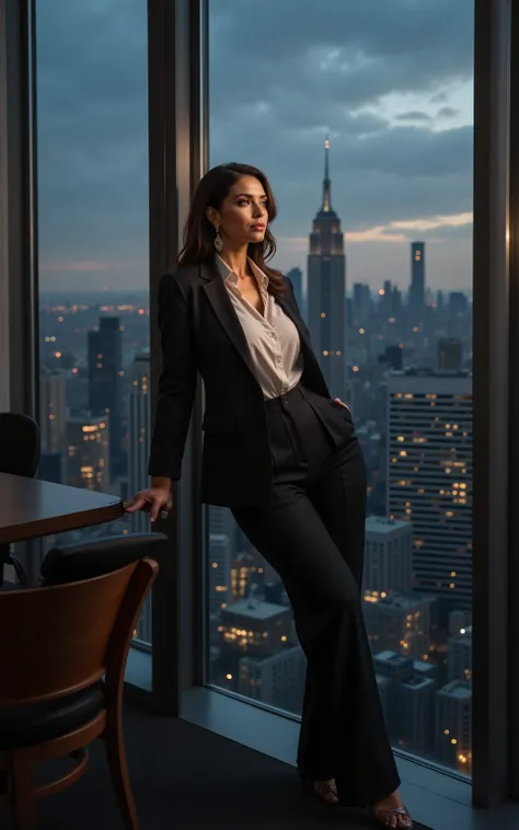 gorgeous corporate leader in stylish business ensemble, leaning thoughtfully against floor-to-ceiling windows, New York skyline stretching to horizon, dusk lighting creating dramatic atmosphere, perfect professional styling, elegant accessories, modern arc...