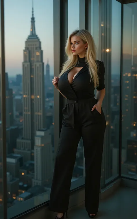 bustysigrid,gorgeous corporate leader in stylish business ensemble, leaning thoughtfully against floor-to-ceiling windows, New York skyline stretching to horizon, dusk lighting creating dramatic atmosphere, perfect professional styling, elegant accessories...