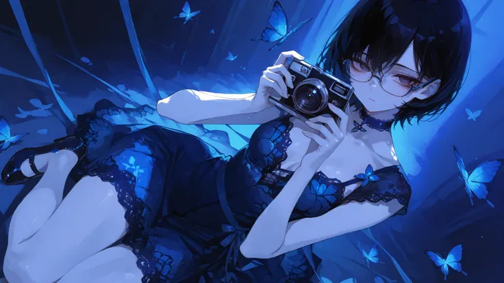 1girl, girl with short black hair, (glasses, choker, blue lace dress, mary jane shoes, holding a camera: 1.3), dark eyes, blue lighting, (masterpiece, blue ribbons: 1.0, blue theme, blue butterflies: 1.2, scattered diamonds:1.0), dynamic angle