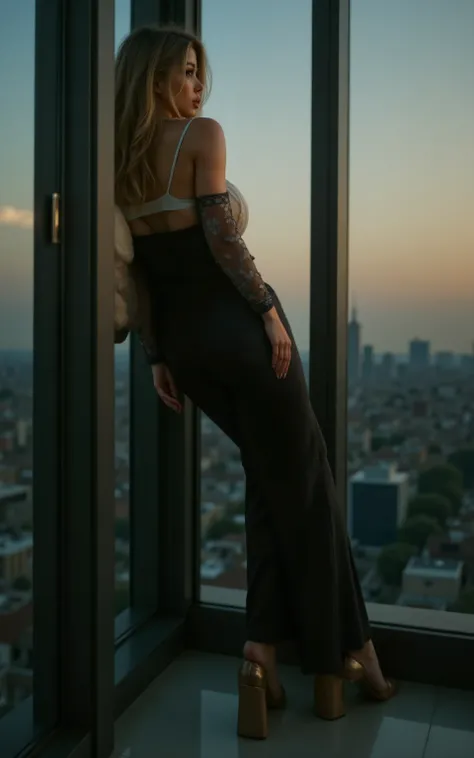 bustysigrid,gorgeous corporate leader in stylish business ensemble, leaning thoughtfully against floor-to-ceiling windows, New York skyline stretching to horizon, dusk lighting creating dramatic atmosphere, perfect professional styling, elegant accessories...