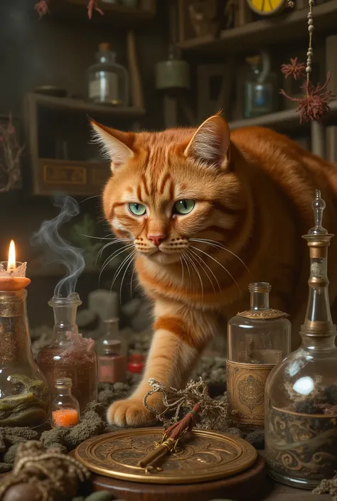 In an alchemist's cluttered room full of dried herbs, vials of colorful liquids, and suspended dried insects, a red-haired mystical wizard cat with a very serious expression carefully walks around an antique copper astrolabe. He froze next to a flask, from...