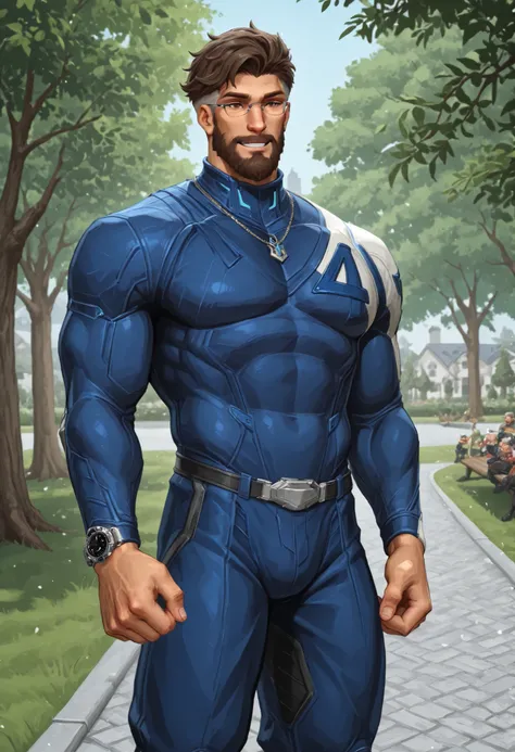 bodysuit, beard, short hair, muscular, mature male, bara, male focus, 1boy, brown eyes, undercut, smile, brown hair, pose, spring, trees, park, town,pwobjection,manbrut,glasses, accessories, watch, necklace,, Homem bonito e atraente de 38 anos, com barba p...