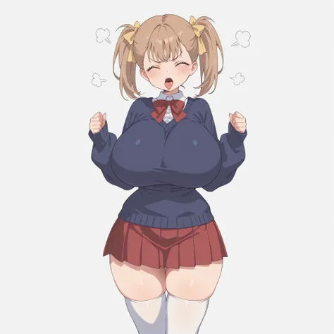 masterpiece, ultra-HD, impressionism, high detail, best quality, very aesthetic, 8K, best quality, beautiful, ultra-high resolution, 32K UHD, 1girl, solo, Rumi, light brown hair, twin pigtails, middle bangs, hair ribbons, yellow ribbons, closed eyes, eyela...