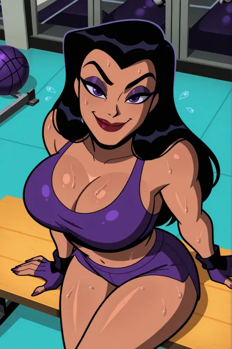 BREAK, score_8_up, score_7_up, score_6_up, score_9, h00nt33s 1girl, solo, long hair, large breasts, smile, black hair, purple eyes, makeup, lipstick, cleavage, curvy, athletic, looking at viewer, seducing viewer, teasing viewer, indoors, gym, sitting on be...
