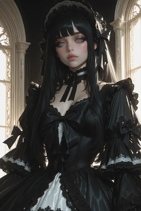An adorable gothic lolita girl, black hair, blue eyes, dressed in an elaborate Victorian-inspired black and white frilly dress with lace trim, layered ruffled skirt, oversized satin bow, delicate lace choker, and matching headdress with ribbons, intricate ...