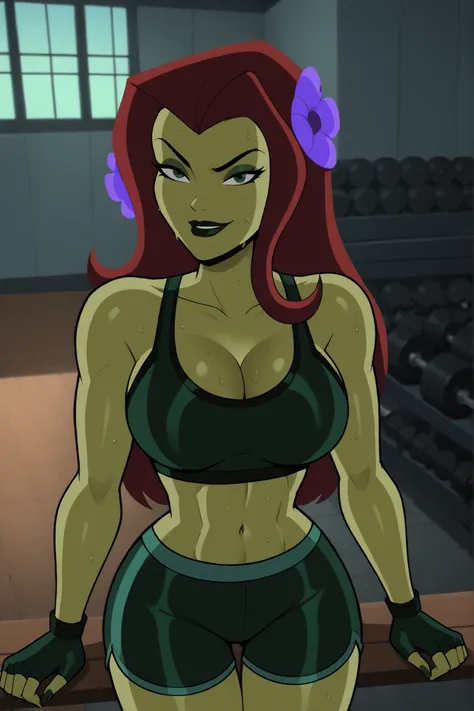 2d, score_9, score_8_up, score_7_up, score_6_up, flower, BREAK, 1girl, solo, standing, red hair, PIVYbatb, green skin, cleavage, curvy, athletic, makeup, smile, closed mouth, large breasts, long hair, black lips, hair ornament, seductive expression, bedroo...