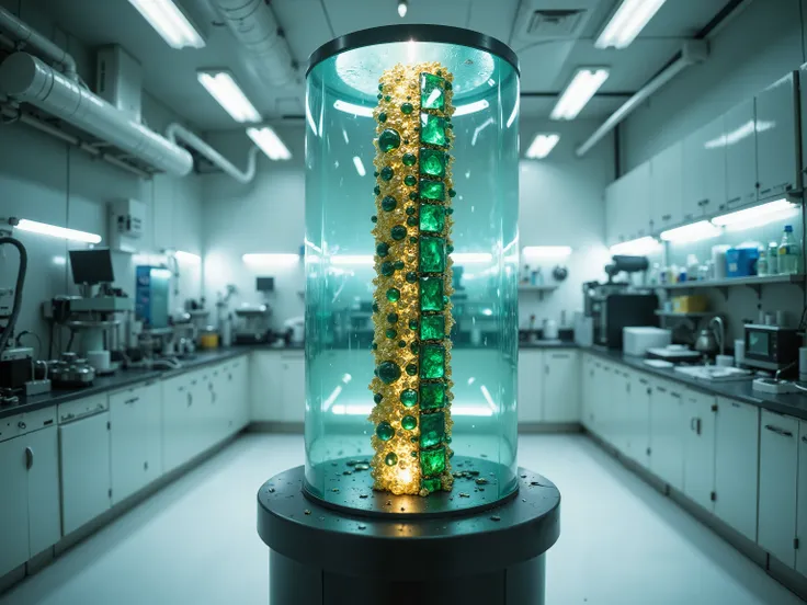 A futuristic laboratory, white gleaming countertops, a pedestal holds a rod of gold encrusted in glowing green emeralds, enclosed in glass