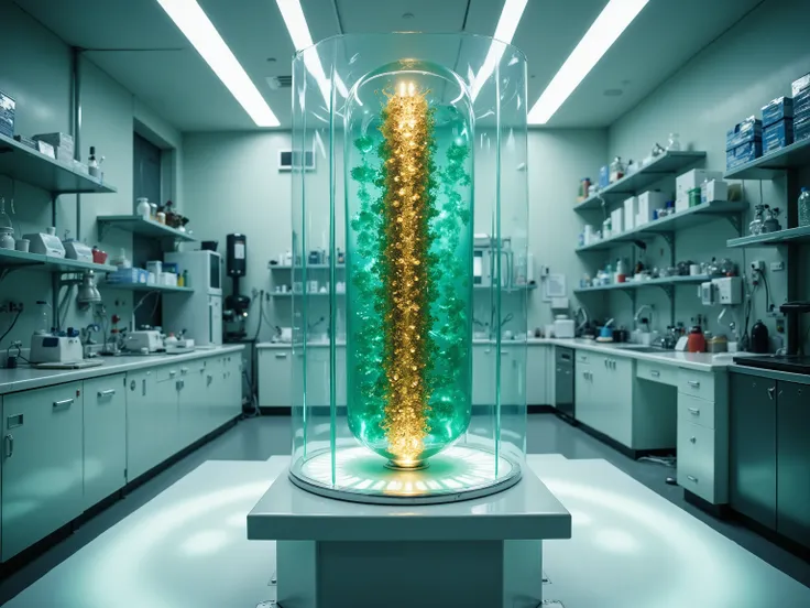 A futuristic laboratory, white gleaming countertops, a pedestal holds a rod of gold encrusted in glowing green emeralds, enclosed in glass
