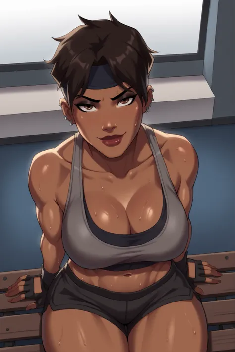 BREAK, score_6_up, score_9, score_8_up, score_7_up, high quality, masterpiece, Rocket, 1girl, solo, 2d, dark-skinned female, short hair, brown eyes, headband, piercing, earring, mask, lipstick, makeup, large breasts, cleavage, curvy, athletic, looking at v...