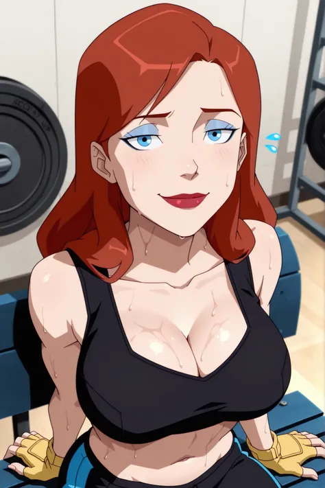 BREAK, score_6_up, score_7_up, score_8_up, score_9, 1girl, solo, b4rb4r4-b4t, blue eyes, long hair, red hair, brown hair, lipstick, makeup, large breasts, busty, cleavage, curvy, athletic, looking at viewer, seducing viewer, teasing viewer, seductive expre...