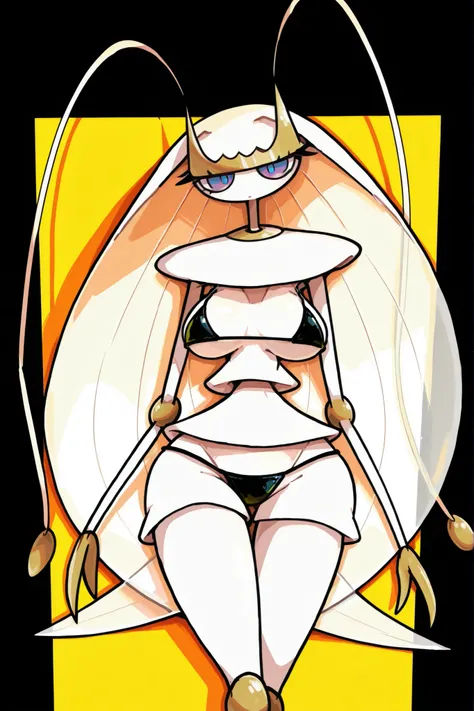 ((Pokémon Pheromosa)), white body, bar background,Middle Brest, wide hips, Thin Waist, Very Thin Waist, ((wasp waist)), solo, aerial view, Brilliant Colors, The Shading, simple art style, solo,black micro bikini ,cover ,