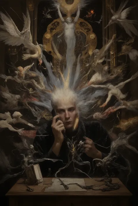 Dark fantasy illustration. Medium shot. A handsome 30-year-old man with aquiline features, blue eyes, and close-cut silver hair, desperately trying to call his girlfriend on his phone, surrounded by angels and devils running amok. Close-up. Inspired by th...
