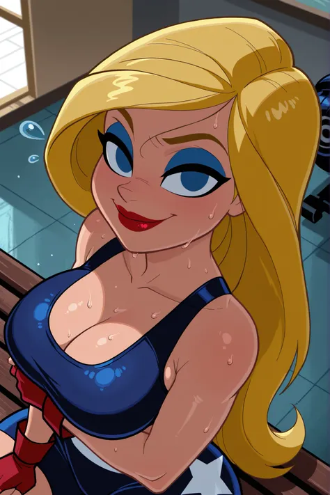 BREAK, score_6_up, score_7_up, score_8_up, score_9, Stargirl, 1girl, solo, long hair, blue eyes, blonde hair, lipstick, superhero, red lips, large breasts, cleavage, curvy, athletic, looking at viewer, seducing viewer, teasing viewer, smiling, closed mouth...