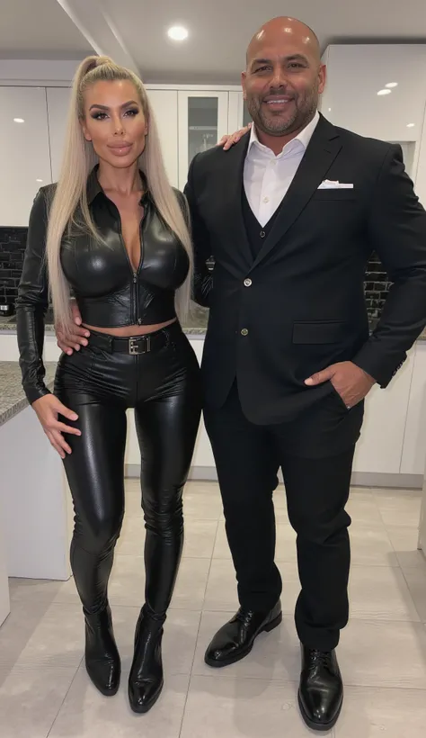  Kim Kardashian with long , glattem  , blonde hair as a strict ponytail, Kim hat blaue Augen, Kim has stopped lips, in tight-fitting black leather blouse with collar and buttons and large cleavage and cropped, ,  wide black belt  , ,in very tight black lea...