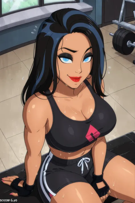 BREAK, score_6_up, score_7_up, score_8_up, score_9, 1girl, solo, long hair, blue eyes, black hair, two-tone hair, lipstick, makeup, dark-skinned female, t4l1a4lg00l, large breasts, busty, cleavage, curvy, athletic, looking at viewer, seducing viewer, teasi...