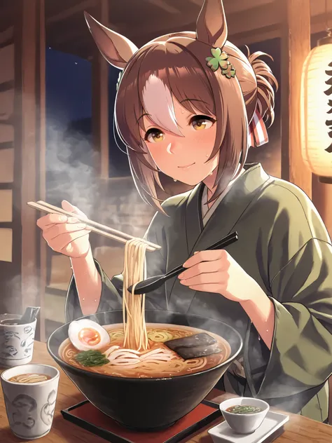 Highest Quality,masterpiece,深夜のRamen屋,Ramen,Warm comfort at night,steam rises,with penis,sweat,is soft to the touch,Delicate Body Curves,Realistic Human Body,Uma Musume,Fine Motion,horse ear,