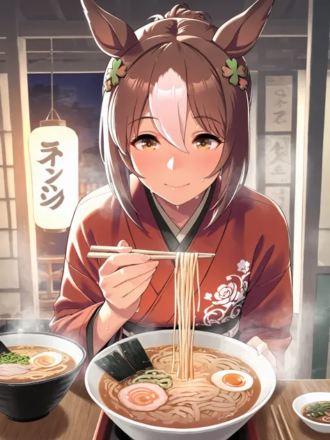 Highest Quality,masterpiece,深夜のRamen屋,Ramen,Warm comfort at night,steam rises,with penis,sweat,is soft to the touch,Delicate Body Curves,Realistic Human Body,Uma Musume,Fine Motion,horse ear,