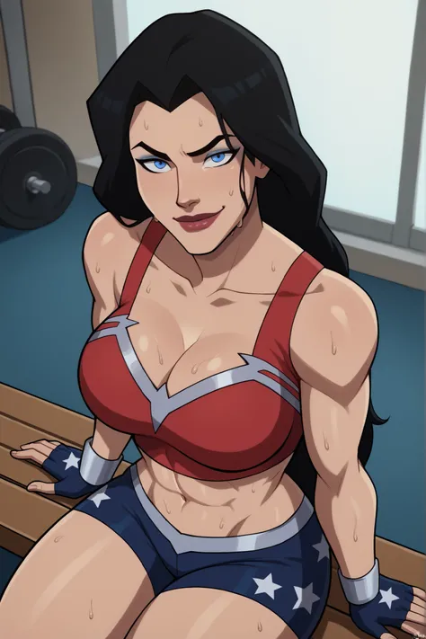 looking at viewer, seducing viewer, teasing viewer, smile, closed mouth, WWDiana, DianaHero, wonder woman, superhero, long hair, black hair, blue eyes, makeup, lipstick, BREAK, score_9, score_8_up, score_7_up, score_6_up, 1girl, solo, large breasts, cleava...