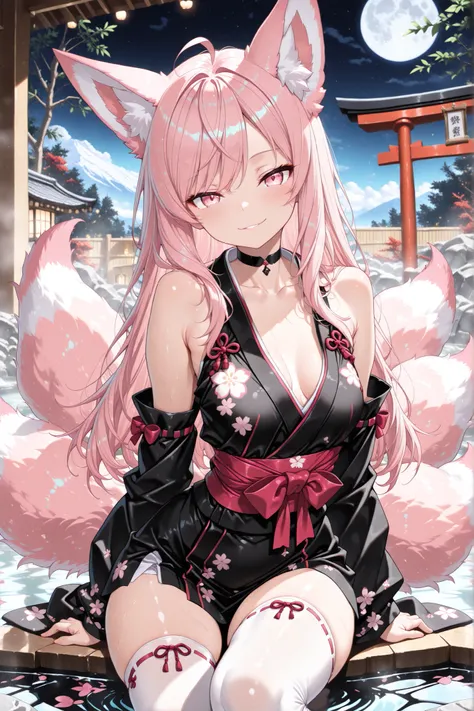 1girl, solo, animal ears, fox ears, pink fox tail, kitsune, multiple tails, pink hair, long hair, swept bangs, ahoge, pink eyes, (seductive smile:1.1), (parted lips:0.8), medium breast, black choker, black kimono, detached sleeves, black sleeves, short kim...