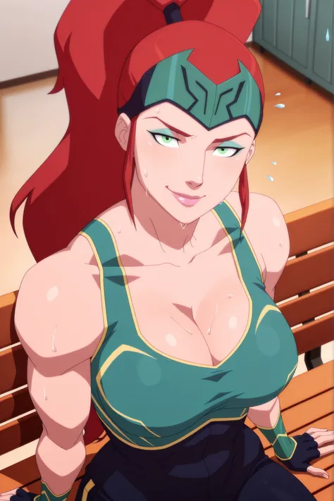 BREAK, score_6_up, score_7_up, score_8_up, score_9, 1girl, solo, m3r4atl4nt1s, long hair, red hair, ponytail, green eyes, large breasts, cleavage, curvy, athletic, pink lipstick, makeup, looking at viewer, seducing viewer, teasing viewer, smile, closed mou...