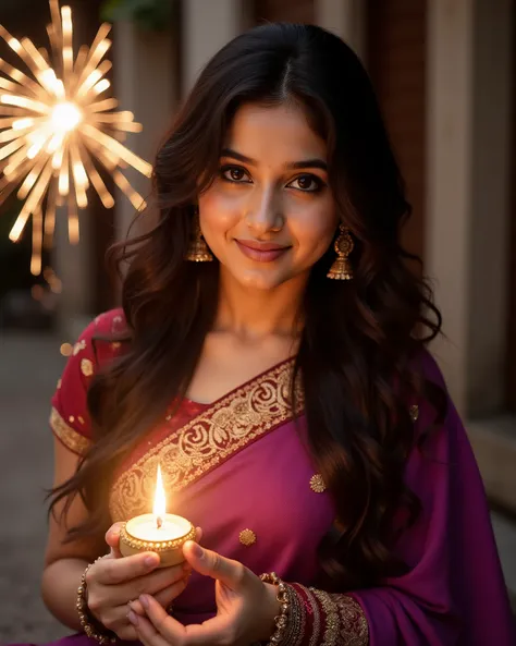 anaswarasdxl, Use 100% generate a high realistic DSLR-Quality resolution, high angle from top, wide photography of a young woman has golden and burgundy wavy long hair and her luxurious makeup accentuates her atmosphere Create a Diwali picture where a girl...