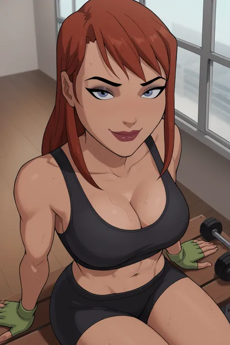 BREAK, score_6_up, score_9_up, score_8_up, score_7_up, 1girl, solo, barbara gordon, ginger hair, long hair, blue eyes, lipstick, makeup, large breasts, cleavage, curvy, athletic, busty, black sports bra, black gym shorts, yellow fingerless gloves, looking ...