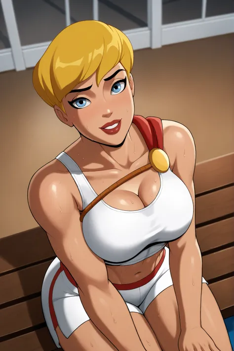 BREAK, score_8_up, score_7_up, score_6_up, score_9, PowerGirlPublicEnemies, 1girl, solo, blonde hair, large breasts, short hair, blue eyes, superhero, lipstick, makeup, dark skin, cleavage, curvy, athletic, ((looking at viewer)), seducing viewer, teasing v...