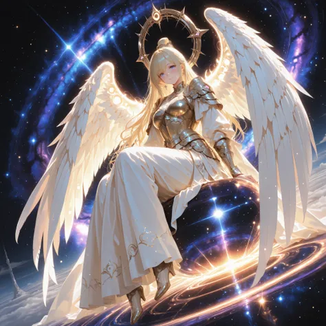 inside a giant spiral galaxy, an angelic woman glides gracefully on a star's arm. their wings shine in constellations, each feather is a small galaxy. they wear elegant armor made of rainbow-colored meteorites, their faces are gentle and sacred. behind the...