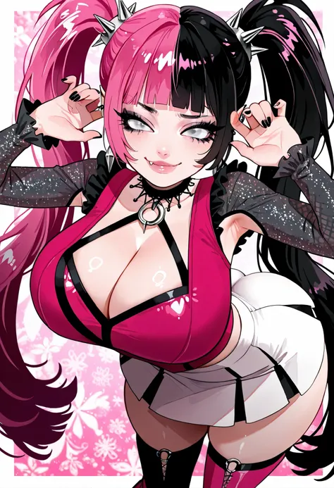 1girl , solo , long eyelashes , cell shade , aegyo sal , solo , ((beautiful white eyes)) , , (black lashes), highest quality , High resolution, eyeliner, pretty lips, spikey eyelashes, cute pose, cleavage, thigh highs, massive boobs, (((pink and black spli...