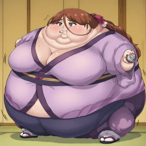  kenshinsatsuki, purple eyes, brown hair, hair between eyes, hair ribbon, long hair, ponytail BREAK
purple kimono, blue sweatpants, sandals, ,  fat, chubby, obese, gigantic arms and legs, large breasts, sweating, wet body, swollen face, Fat_neck , Fat head...
