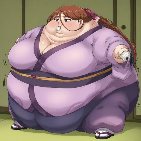  kenshinsatsuki, purple eyes, brown hair, hair between eyes, hair ribbon, long hair, ponytail BREAK
purple kimono, blue sweatpants, sandals, ,  fat, chubby, obese, gigantic arms and legs, large breasts, sweating, wet body, swollen face, Fat_neck , Fat head...