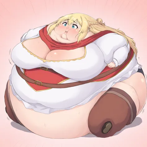 solo, 1girl, rittolbase, large breasts, blonde hair,
white dress, long hair, hair bun, french braid, red scarf, cleavage, juliet sleeves, long sleeves, red underbust, belt, brown thighhighs, ,  fat, chubby, obese, gigantic arms and legs, large breasts, swe...