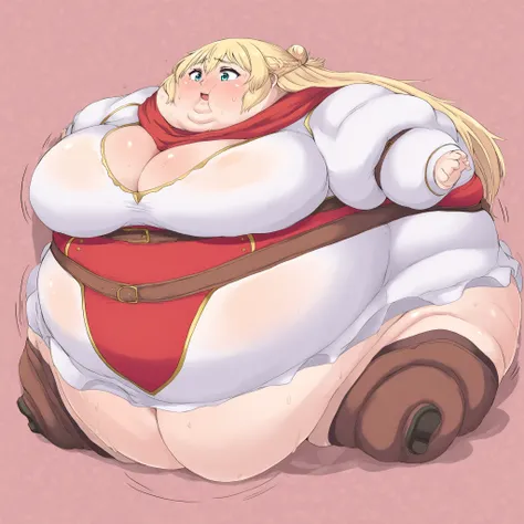 solo, 1girl, rittolbase, large breasts, blonde hair,
white dress, long hair, hair bun, french braid, red scarf, cleavage, juliet sleeves, long sleeves, red underbust, belt, brown thighhighs, ,  fat, chubby, obese, gigantic arms and legs, large breasts, swe...