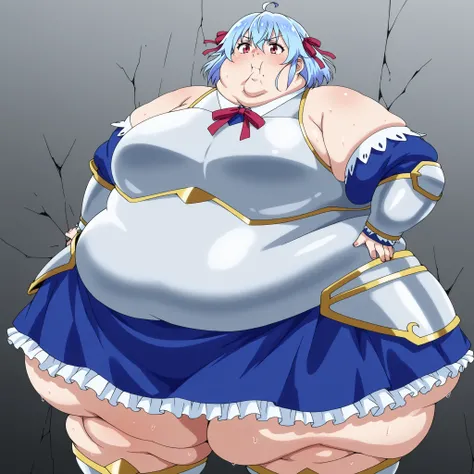 source_anime, ruti ragnason, short hair, red eyes, ribbon, blue hair, hair ribbon, ahoge,, dress, bare shoulders, detached sleeves, armor, breastplate, , fat, chubby, obese, gigantic arms and legs, large breasts, sweating, wet body, swollen face, Fat_nec...