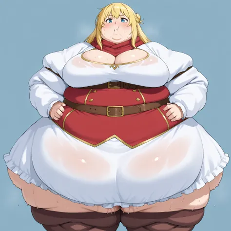 solo, 1girl, rittolbase, large breasts, blonde hair,
white dress, long hair, hair bun, french braid, red scarf, cleavage, juliet sleeves, long sleeves, red underbust, belt, brown thighhighs, ,  fat, chubby, obese, gigantic arms and legs, large breasts, swe...